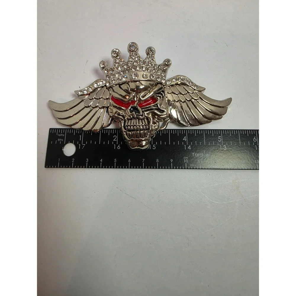 Skull Belt Buckle Winged Crown Rhinestone Red Eyes Silver Tone Biker Gothic